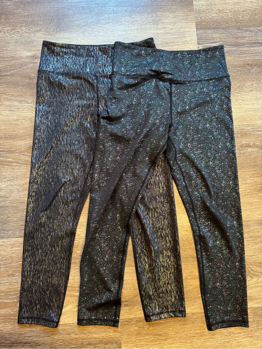 Two pair ZYIA Black Active Leggings with Metallic Silver Speckle Sz 8 - 10 NEW